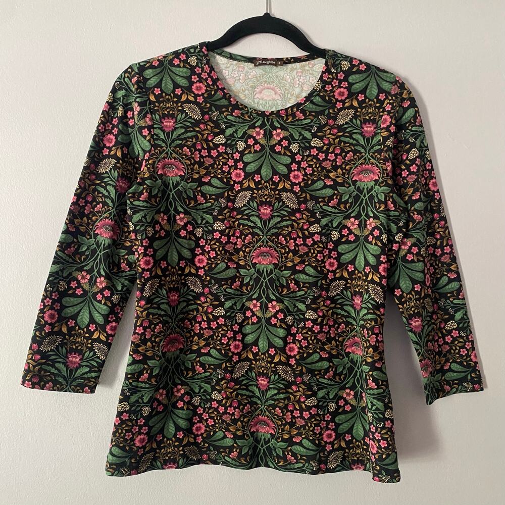 J. McLaughlin Black Pink Green Floral Catalina Cloth 3/4 Sleeve Top Women Small
